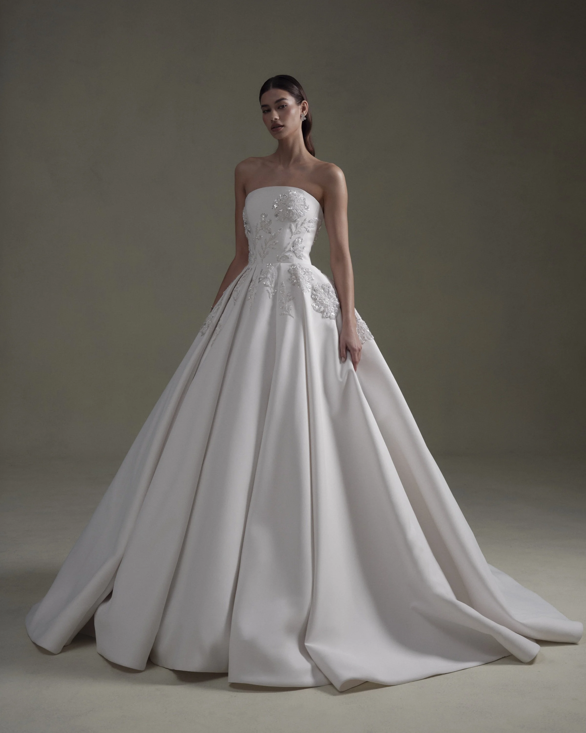 Strapless Mikado Gown with Sequin Flower Detail — Senstudio
